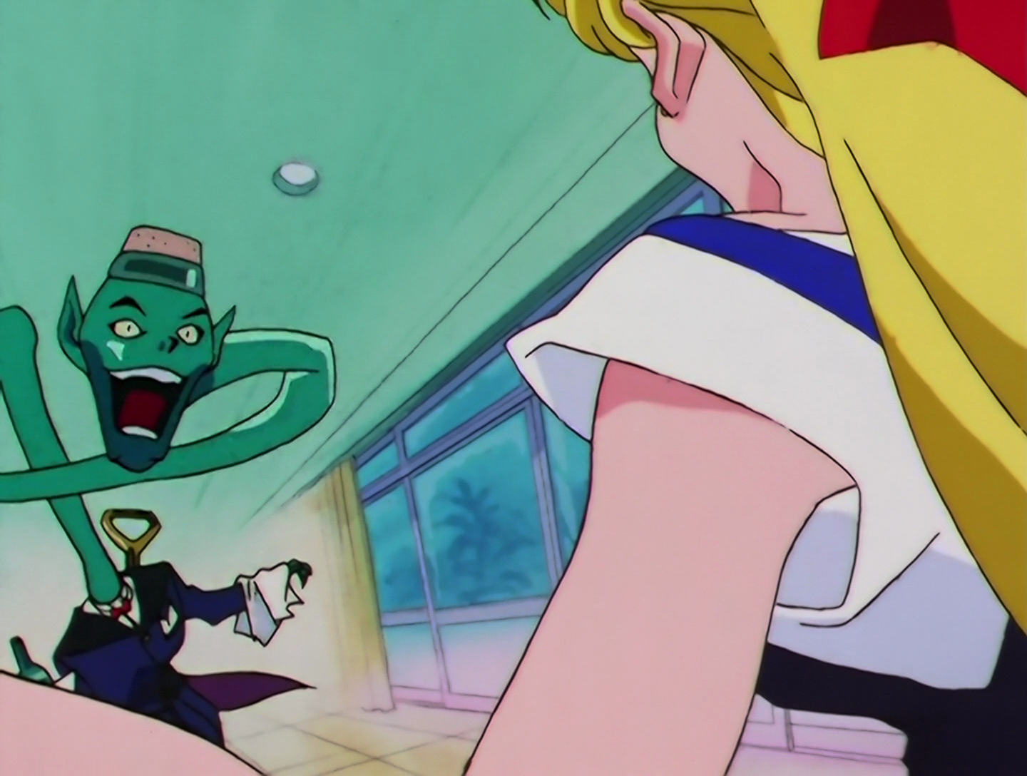 Sailor Sommelier can extend his neck. A lot. It can become this snaking, prehensile thing, and in this image he’s stretching towards Minako.